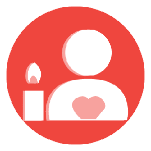 Piirretty ihminen jolla punainen sydän rinnassaan ja palava kynttilä vieressä punaisella taustalla.