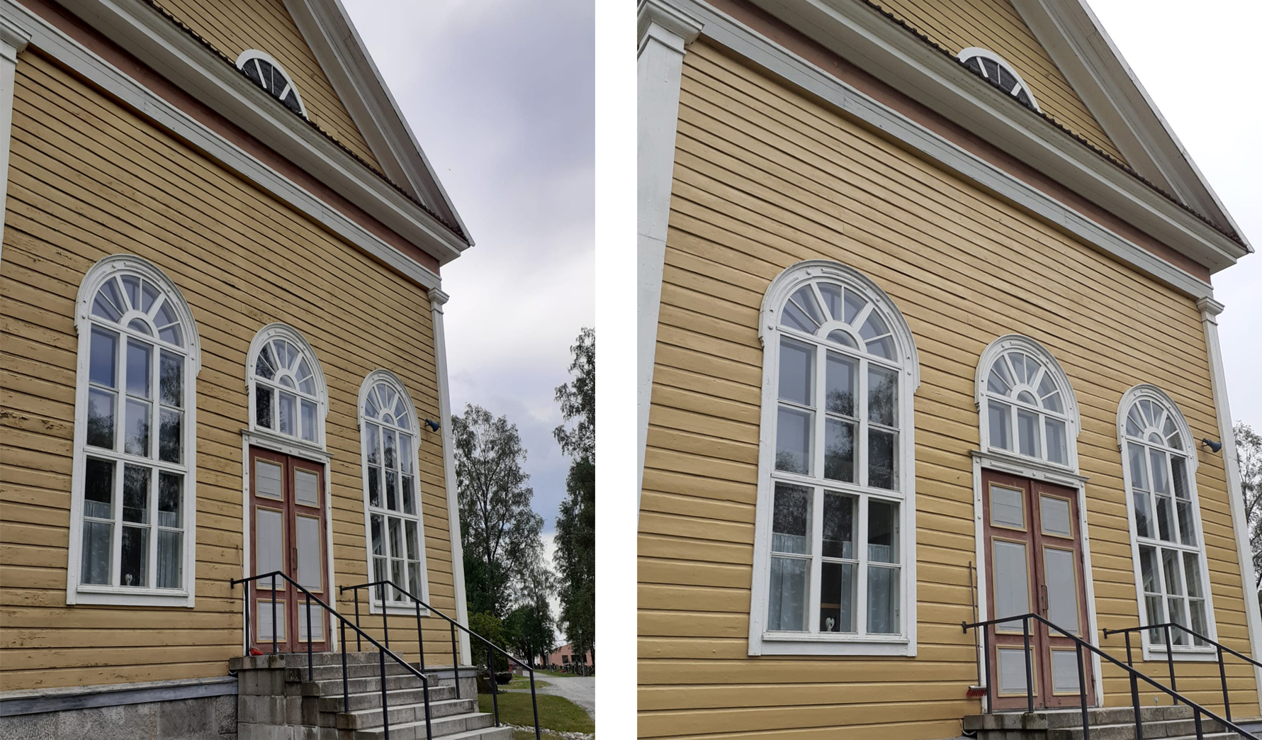 Kaustisen kirkon pääsisäänkäynnin puoleinen ulkoseinä ennen ja jälkeen maalauksen.