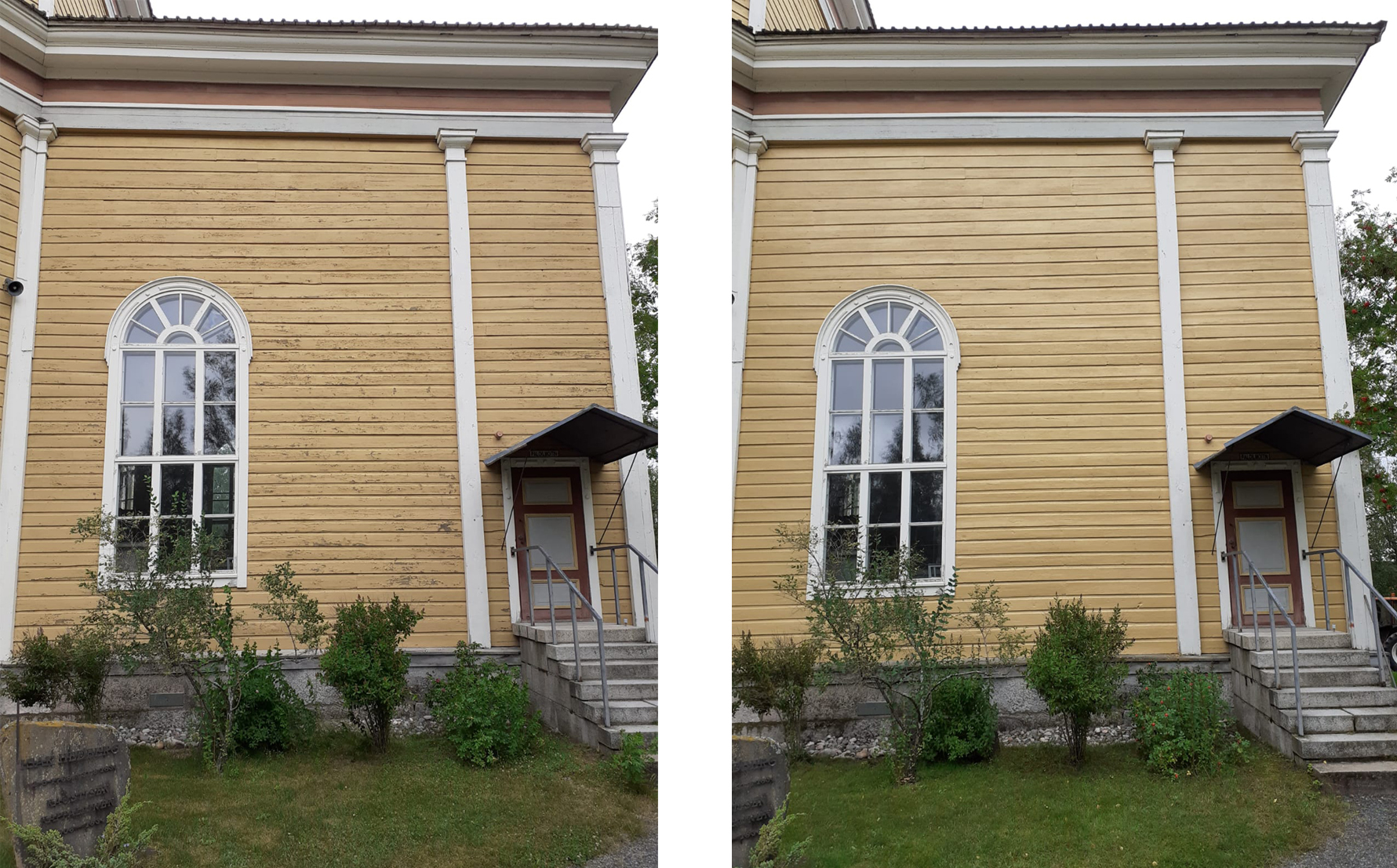 Kaustisen kirkon sakastin sisäänkäynnin puoleisen kirkon ulkoseinä ennen ja jälkeen maalauksen.