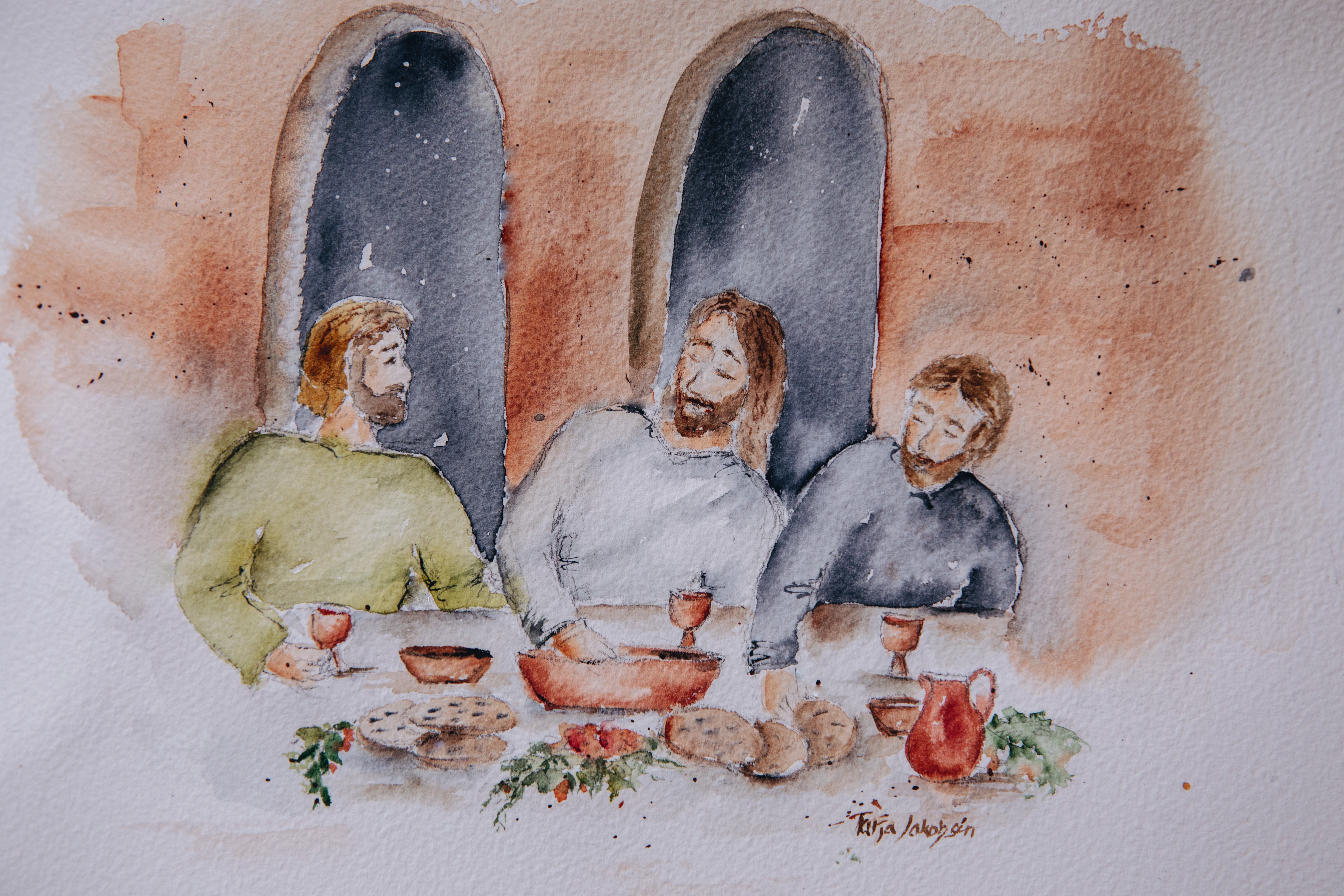 Maalauksessa kolme miestä istuu ruokapöydän ääressä.