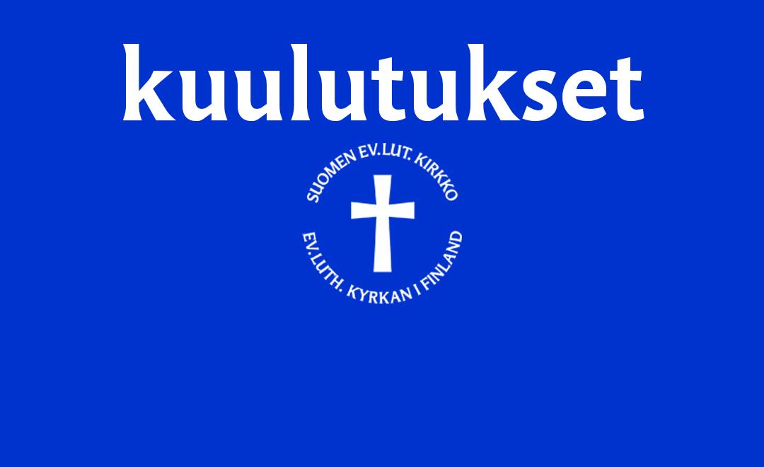 Sininen tausta. Valkoisella tekstillä sana kuulutukset. Evl:n logo valkoisella.